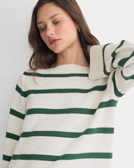Striped Boatneck Sweater in Everyday Cotton | Hunter Green/Bone