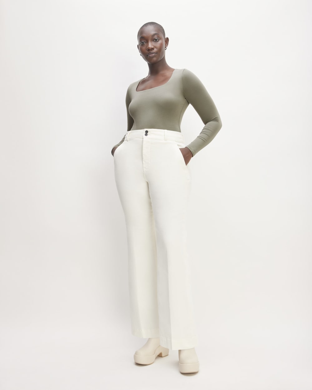 The Long-Sleeve Supima® Square-Neck Bodysuit | Dark Sage | Thong