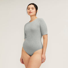 The Short-Sleeve Crew Neck Bodysuit | Heathered Grey | Thong