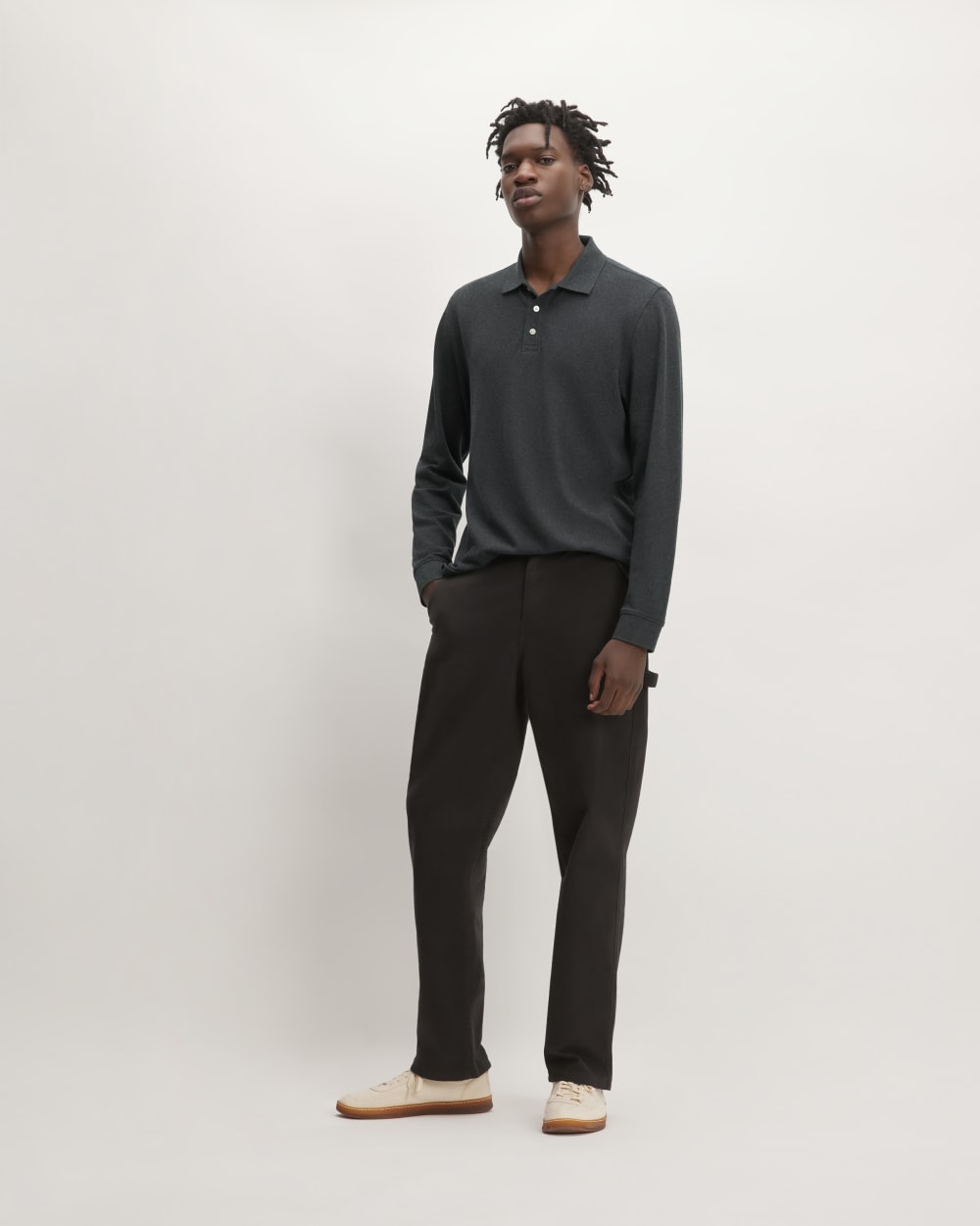 The Long-Sleeve Pique Polo | Heathered Graphite