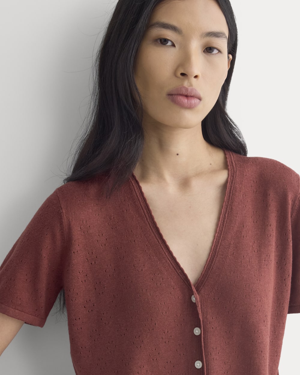 Lace Trim Cardigan in Fine Linen | Henna Red