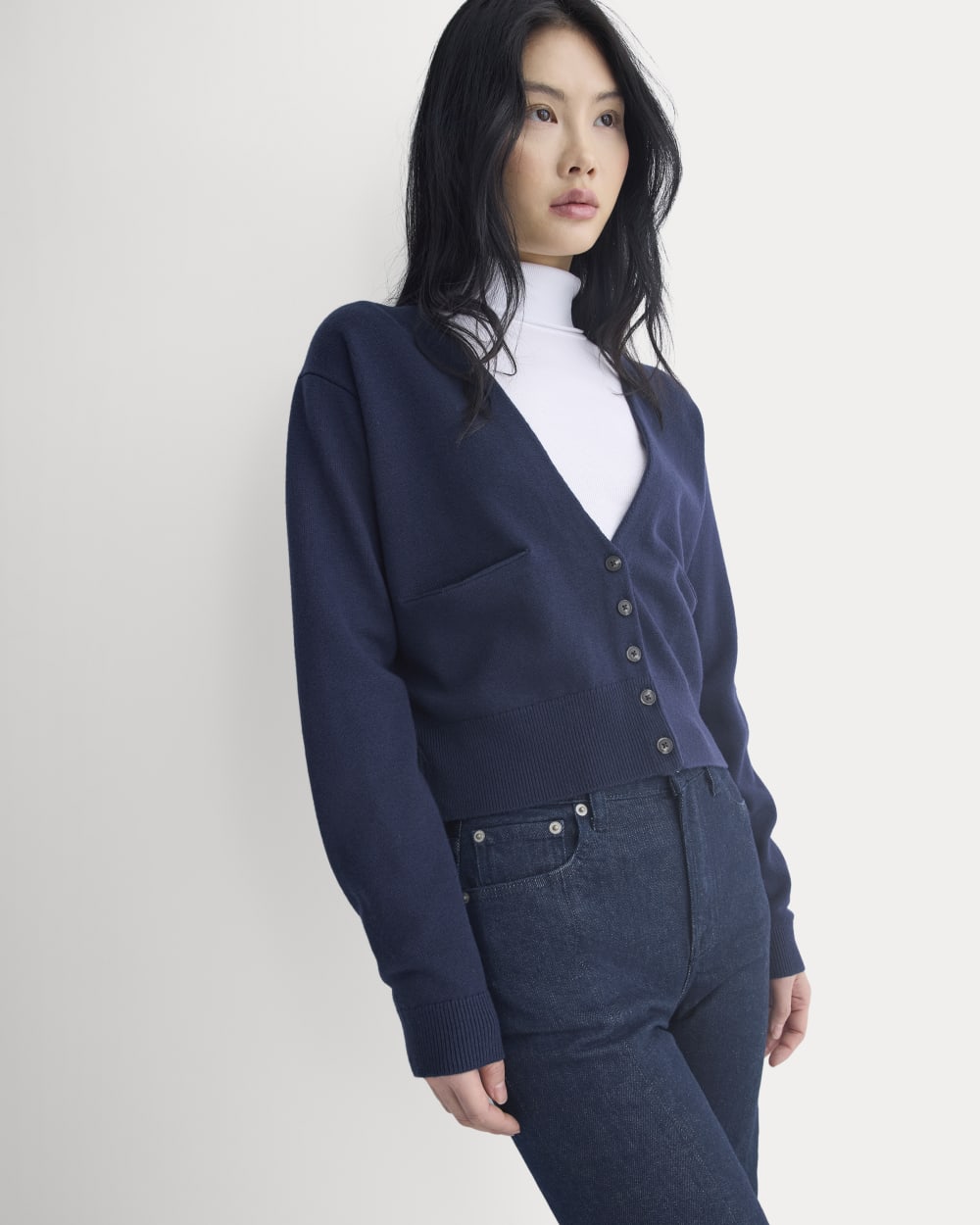 Deep V-Neck Cardigan in Cotton Merino | Navy