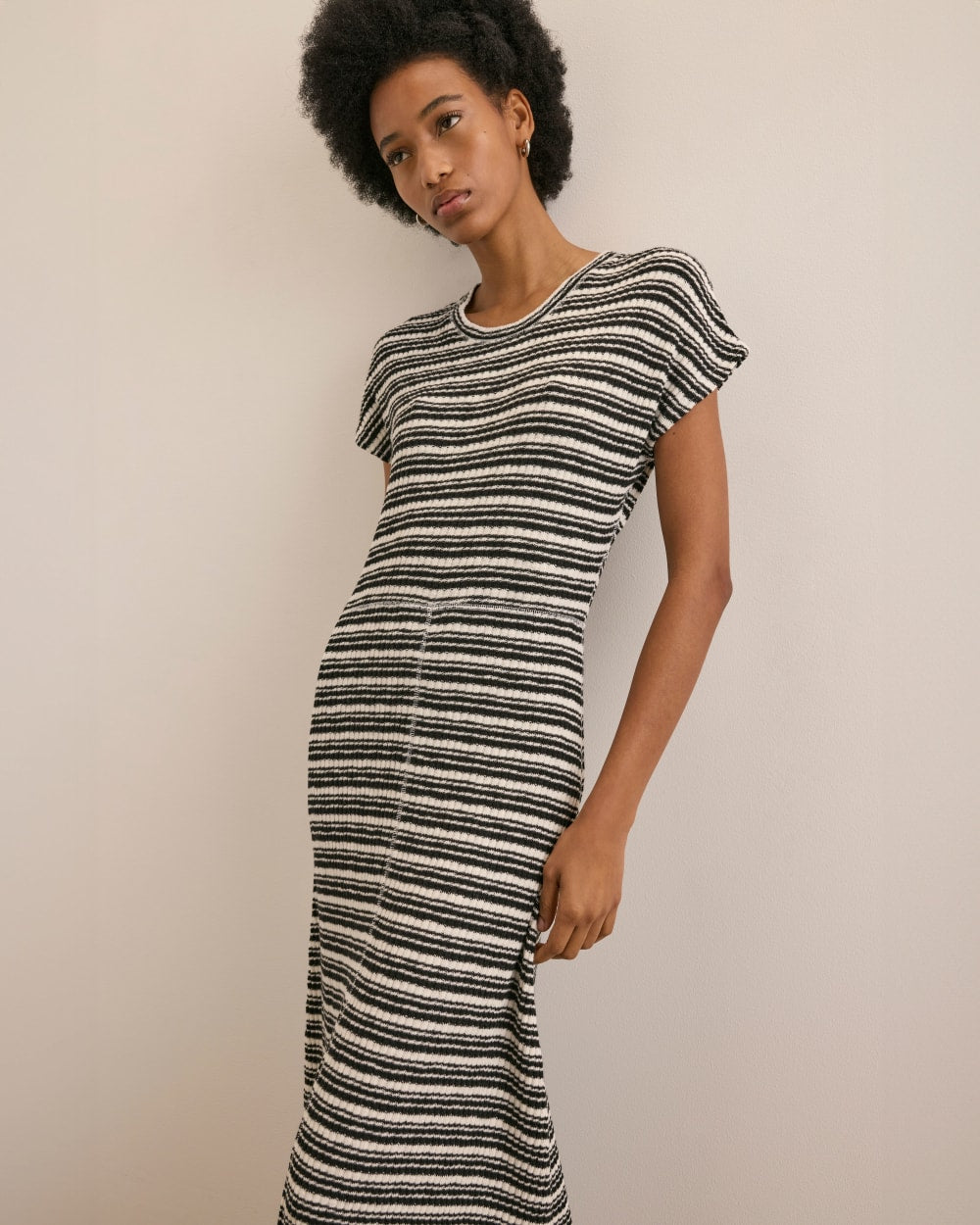 The Rib-Knit Cap-Sleeve Midi Dress | Bone / Black