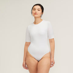 The Short-Sleeve Crew Neck Bodysuit | White | Thong