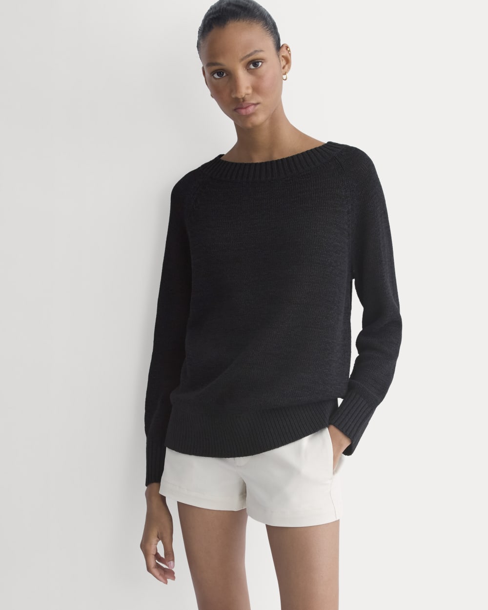 Wide-Neck Crew Sweater in Tape Yarn | Black