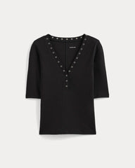 Luxe Rib V-Neck Henley | Black